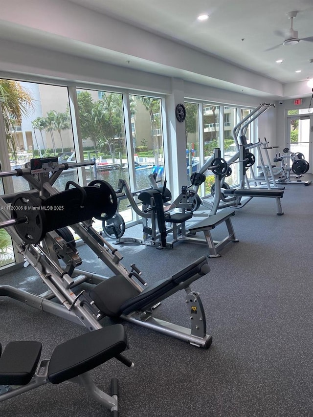 gym featuring ceiling fan