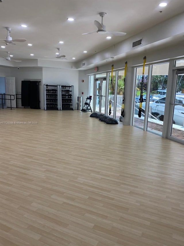 3340 NE 190th St Unit 1101, Aventura, FL 33180 - workout area featuring ceiling fan, light wood-style flooring, and recessed lighting