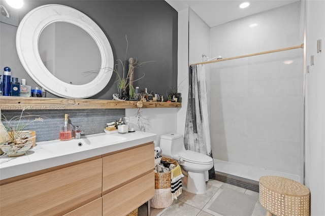 bathroom with tile patterned floors, decorative backsplash, toilet, and walk in shower