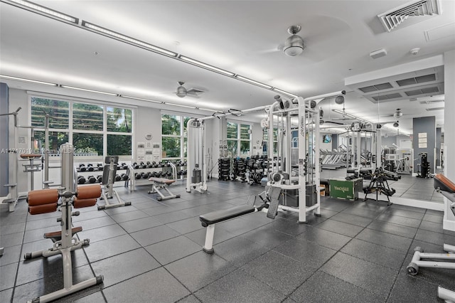 workout area featuring ceiling fan