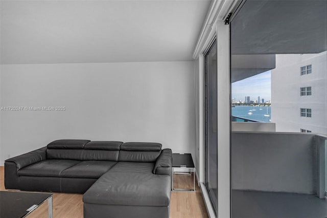 living room featuring light wood-type flooring and a water view