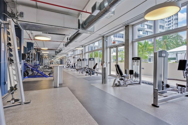 gym featuring a high ceiling and expansive windows