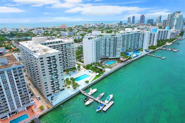 aerial view featuring a water view