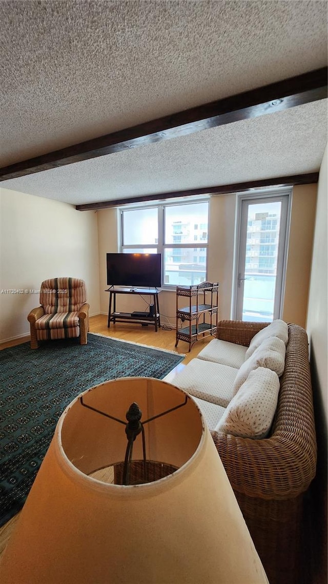 living room featuring beam ceiling, a textured ceiling, and plenty of natural light