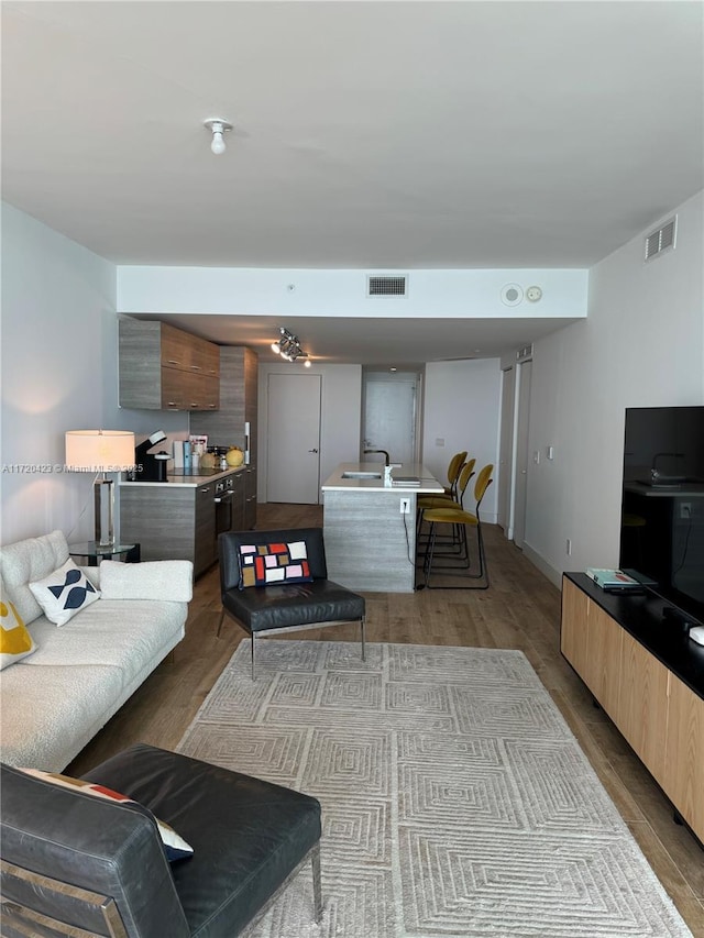 living room featuring light wood-type flooring and sink