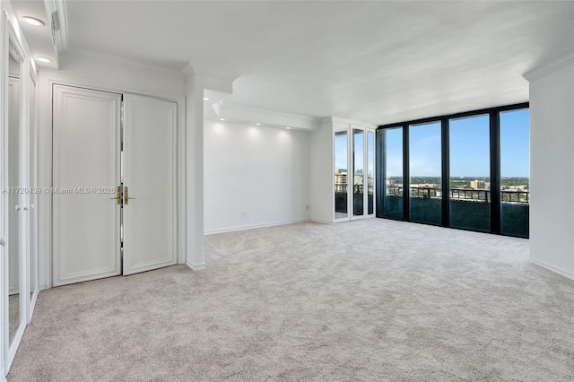 carpeted spare room with floor to ceiling windows and crown molding