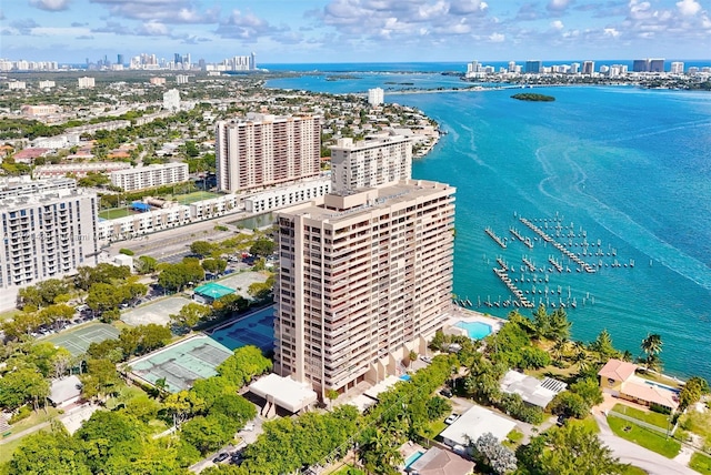 drone / aerial view featuring a water view