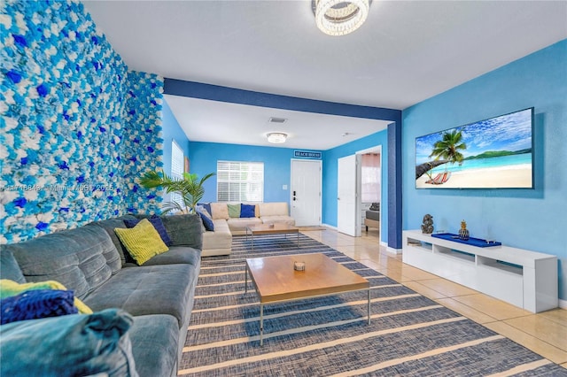 living room featuring tile patterned floors