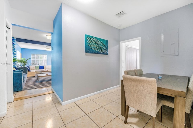 tiled dining room with electric panel