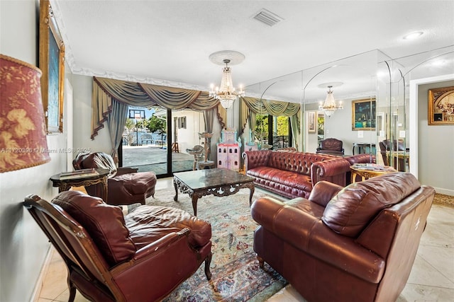 tiled living room with a textured ceiling, an inviting chandelier, and crown molding