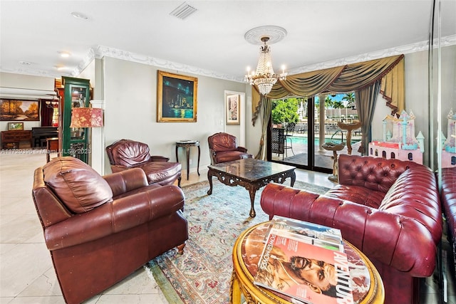 tiled living room with ornamental molding and a chandelier