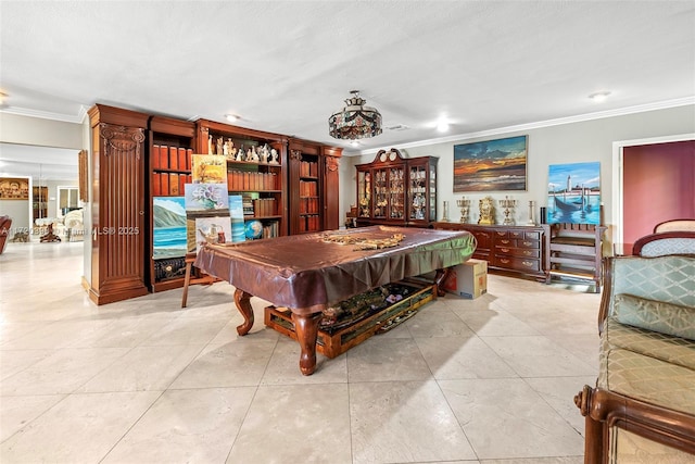 game room with light tile patterned floors, ornamental molding, and billiards