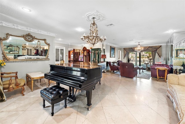 miscellaneous room featuring an inviting chandelier and ornamental molding