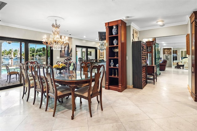 dining area with crown molding, french doors, light tile patterned floors, and a chandelier