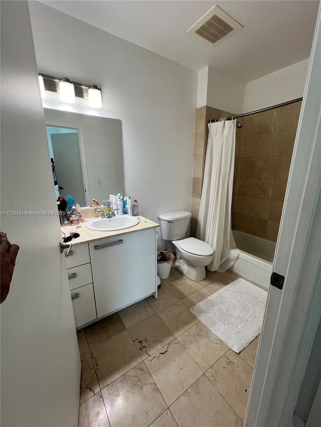 full bathroom featuring vanity, toilet, and shower / bathtub combination with curtain