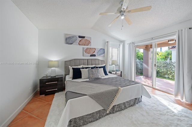 bedroom with access to exterior, light tile patterned floors, multiple windows, and ceiling fan