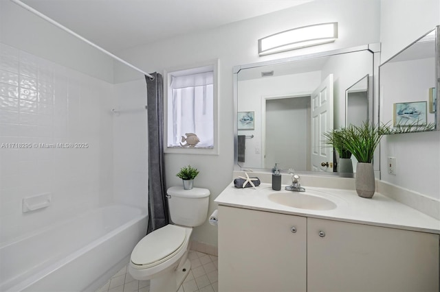 full bathroom with tile patterned flooring, vanity, toilet, and shower / tub combo with curtain