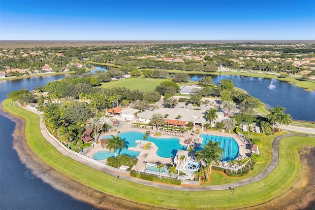 aerial view featuring a water view