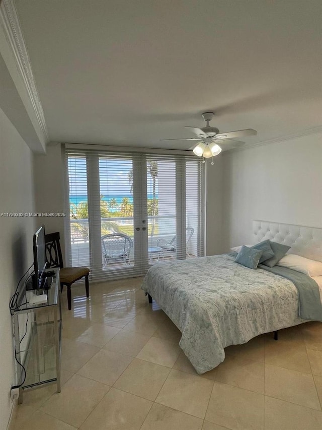 tiled bedroom with access to outside, ceiling fan, and crown molding