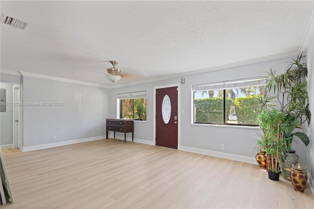 foyer entrance featuring light wood-type flooring, crown molding, and a healthy amount of sunlight