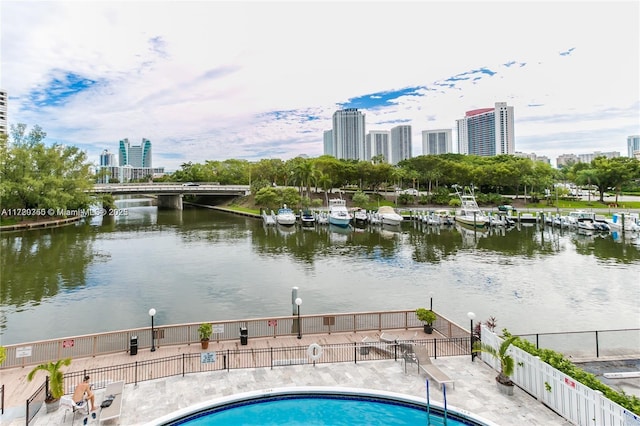 view of swimming pool with a water view