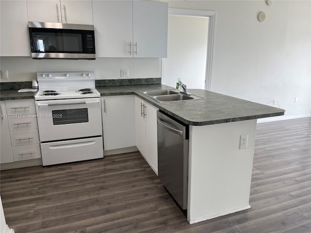 kitchen featuring appliances with stainless steel finishes, kitchen peninsula, dark hardwood / wood-style floors, white cabinets, and sink