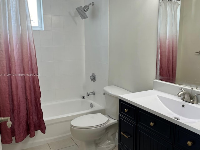 full bathroom with tile patterned flooring, shower / tub combo with curtain, vanity, and toilet