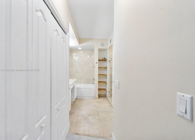 bathroom featuring separate shower and tub and tile patterned flooring