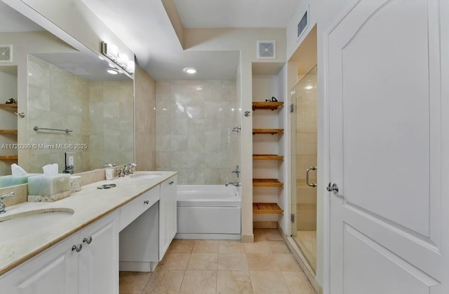 bathroom with tile patterned floors, vanity, and plus walk in shower