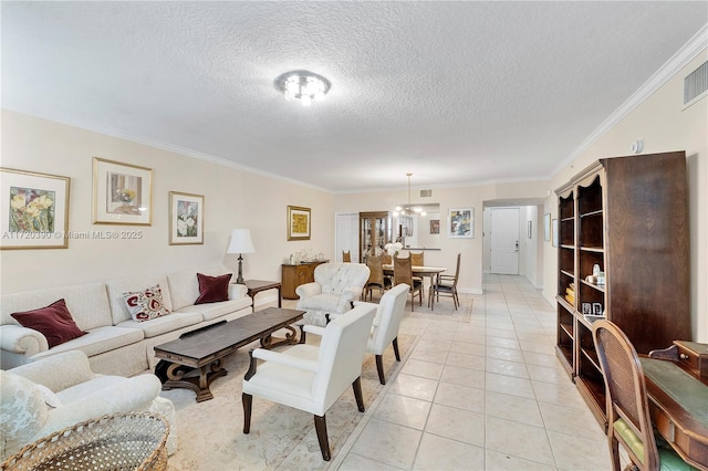 living room featuring a textured ceiling, light tile patterned floors, and ornamental molding