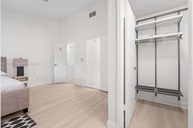 interior space featuring a closet, light hardwood / wood-style floors, and a high ceiling