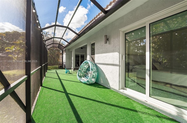 unfurnished sunroom featuring lofted ceiling