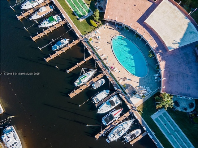 aerial view featuring a water view