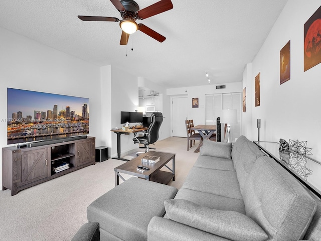 770 Claughton Island Dr Unit 1709, Miami, FL 33131 - carpeted living room with a textured ceiling, a ceiling fan, and visible vents