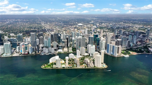 aerial view with a water view and a view of city