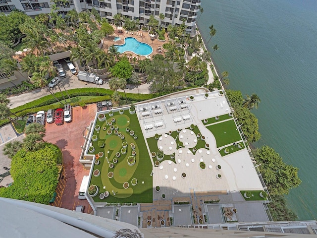 birds eye view of property featuring a water view