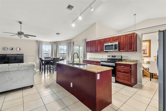 kitchen with ceiling fan, sink, stainless steel appliances, an island with sink, and vaulted ceiling