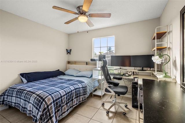 tiled bedroom with ceiling fan