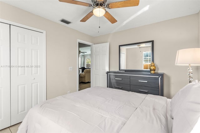 bedroom with ceiling fan and a closet