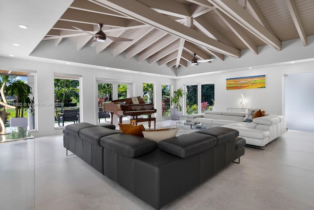 4144 Pinta Ct, Coral Gables, FL 33146 - living area with lofted ceiling with beams, recessed lighting, a ceiling fan, and a healthy amount of sunlight