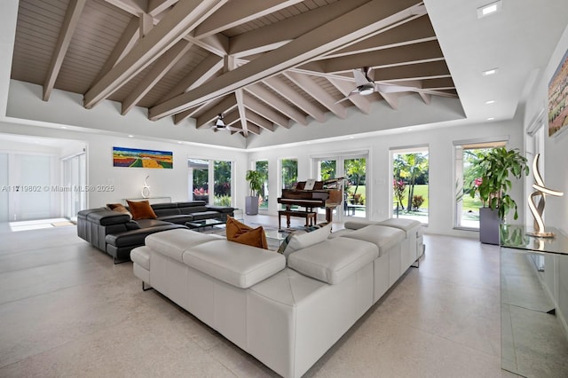 living room with high vaulted ceiling, a ceiling fan, and beamed ceiling