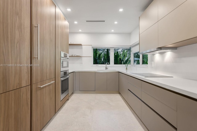 4144 Pinta Ct, Coral Gables, FL 33146 - kitchen with open shelves, a sink, modern cabinets, black electric stovetop, and light countertops
