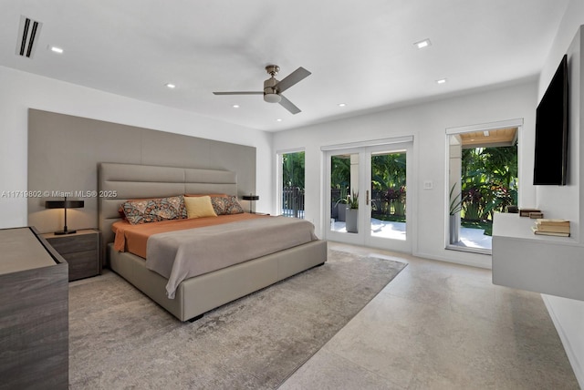 4144 Pinta Ct, Coral Gables, FL 33146 - bedroom featuring a ceiling fan, visible vents, access to outside, and recessed lighting