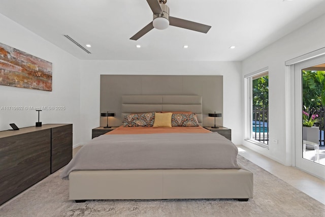 bedroom featuring access to outside, visible vents, a ceiling fan, and recessed lighting