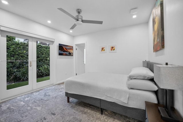 4144 Pinta Ct, Coral Gables, FL 33146 - bedroom featuring recessed lighting, ceiling fan, access to outside, and french doors