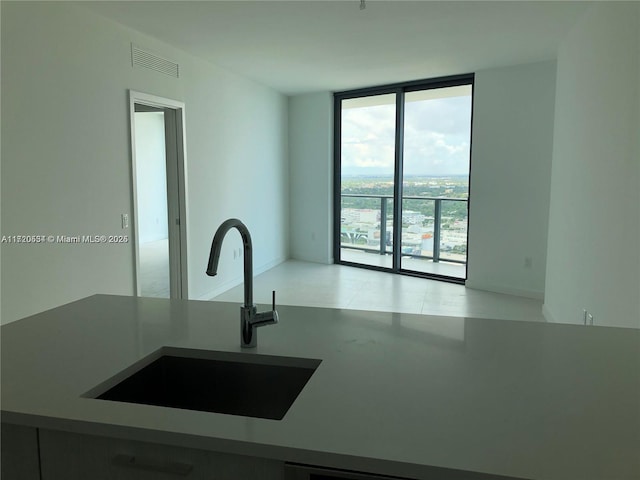 kitchen featuring a wall of windows and sink