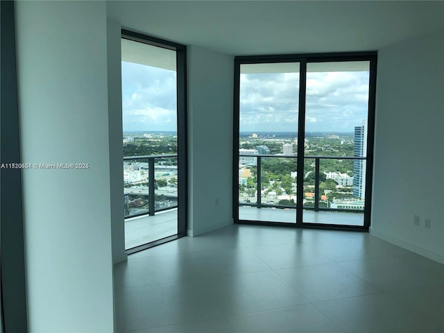 unfurnished room featuring a wall of windows