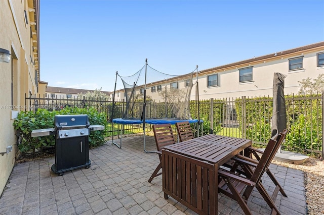 view of patio / terrace with a trampoline and grilling area