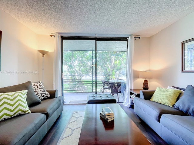 living room featuring a healthy amount of sunlight, a textured ceiling, and a wall of windows