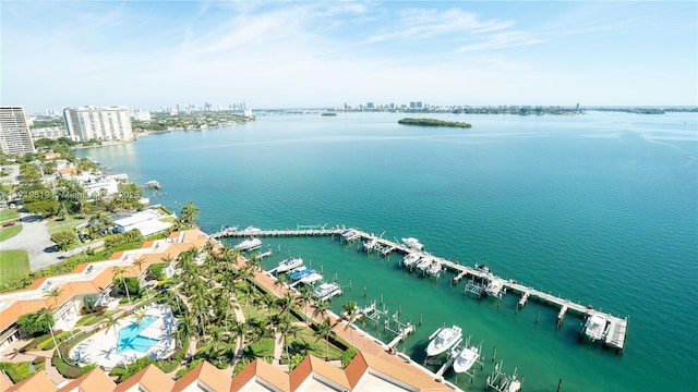 drone / aerial view featuring a water view and a city view